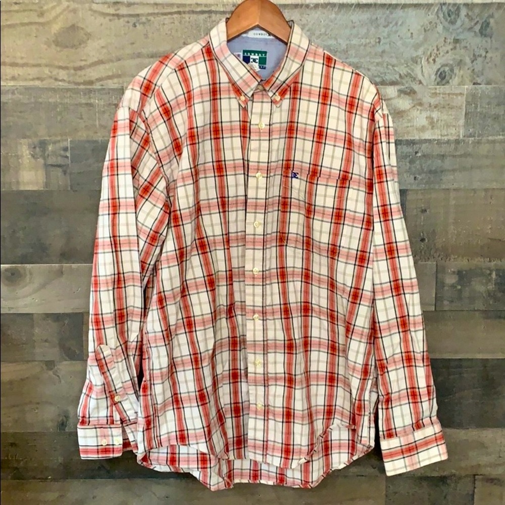Red and Cream Plaid Cowboy Equipment Button Down Long Sleeve Shirt